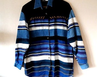 Vintage Kikomo Striped Southwestern Denim Button Up Shirt