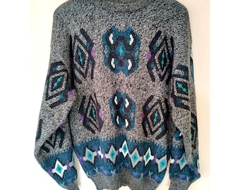 Vintage Nuovo new forces 80s abstract gray and blue sweater