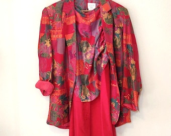 Sellecca Silks vintage three piece red abstract outfit jacket, top, skirt
