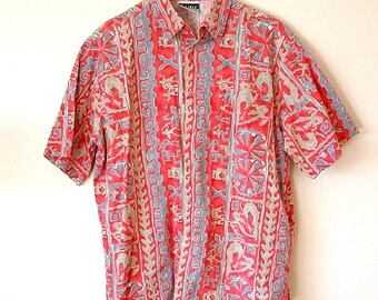 Vintage Surf Gear Hawaiian Tribal Print Button Up Short Sleeve Shirt