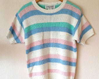 Vintage Lord Isaacs Pastel Striped Spring Sweater Short Sleeve