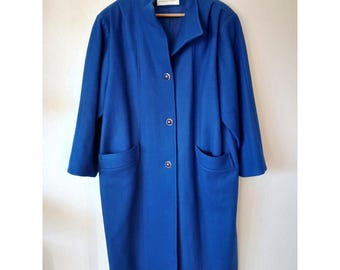 Vintage Roamans Royal Blue Wool Blend Winter Overcoat Pleated Shoulders