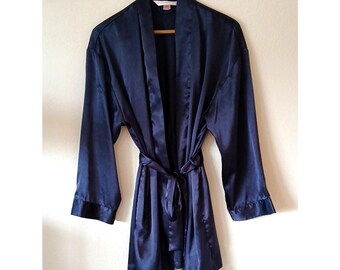 Vintage Victoria's Secret Blue Satin Robe With Sash And Pockets OS