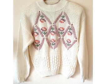 Vintage Margules Grannycore Sweater Floral Yarn Pattern Shoulder pads