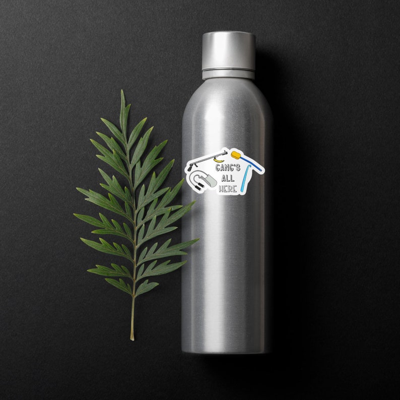 May include: A silver water bottle with a sticker that says "GANG'S ALL HERE" and features a microphone, a fishing rod, a toothbrush, and a pair of headphones.
