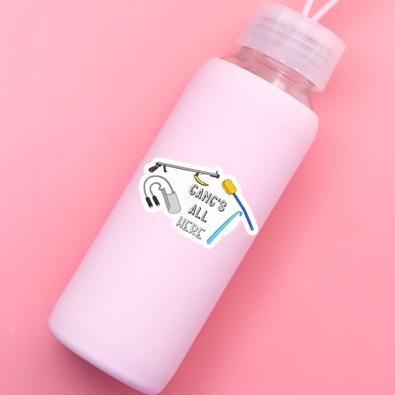 May include: A pink water bottle with a sticker that says "Gang's All Here" and features a cartoon illustration of a cleaning tool set, including a sponge, a squeegee, and a scrub brush.