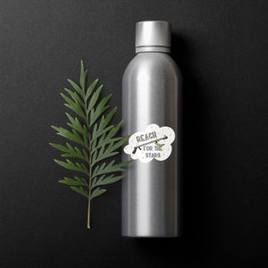 Puede incluir: Una botella plateada con una pegatina blanca que dice "Reach for the stars" con una ilustraci&oacute;n de dibujos animados de un fusil de pesca submarina y un pl&aacute;tano. La pegatina tiene forma de nube y estrellas doradas alrededor.