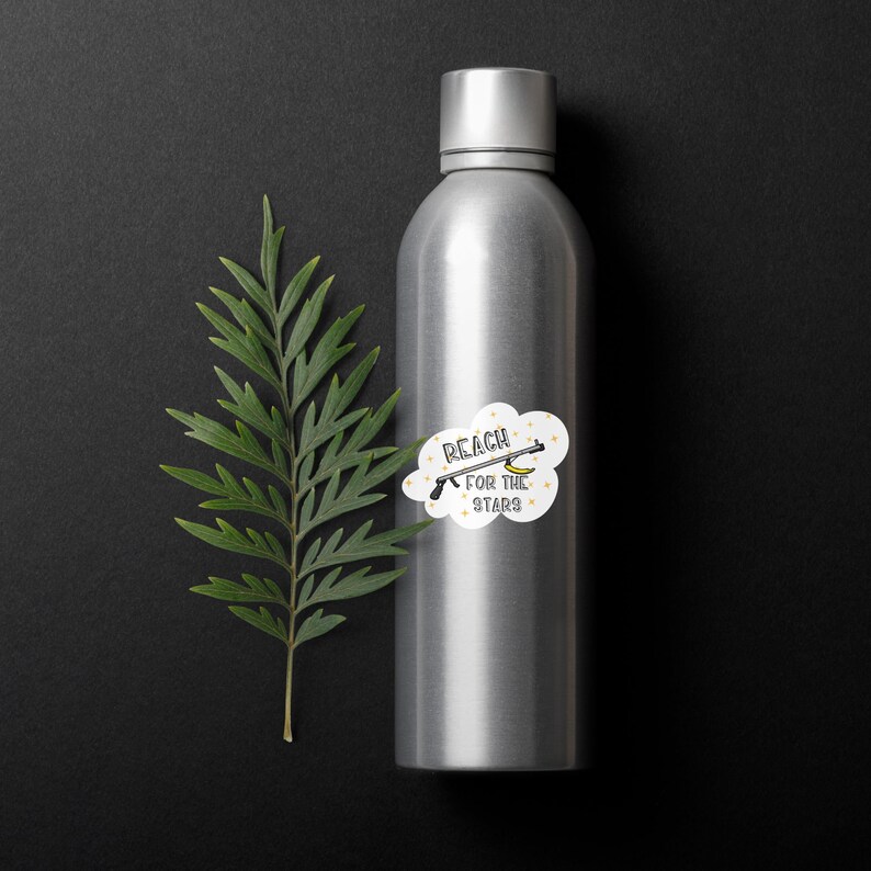 Puede incluir: Una botella plateada con una pegatina blanca que dice "Reach for the stars" con una ilustraci&oacute;n de dibujos animados de un fusil de pesca submarina y un pl&aacute;tano. La pegatina tiene forma de nube y estrellas doradas alrededor.