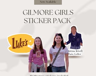 May include: A Gilmore Girls sticker pack featuring a yellow Luke's coffee cup graphic, a photo of two people, and a sticker of a person in a blazer with the text stress level: Paris Geller. The pack includes 10 mystery stickers in total.