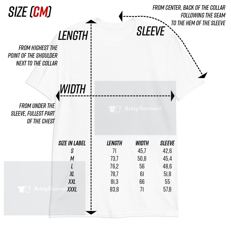Puede incluir: Una camiseta blanca con una tabla de tallas en cent&iacute;metros. La tabla muestra la longitud, el ancho y la longitud de la manga para las tallas S, M, L, XL, XXL y XXXL.