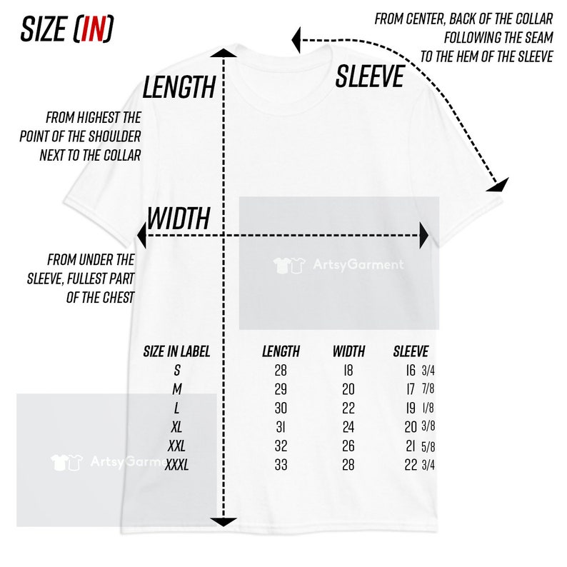 Puede incluir: Una camiseta blanca con una tabla de tallas que muestra las medidas en pulgadas para la longitud, el ancho y la longitud de la manga. La tabla incluye las tallas S, M, L, XL, XXL y XXXL.