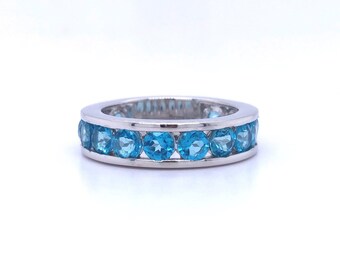 Swiss Blue Topaz Ring, Natural Swiss Blue Topaz Rounds Full Eternity Band Ring in .925 Sterling Silver, December Birthstone, Engagement Ring