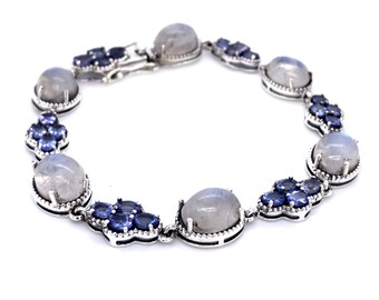 Natural Rainbow Moonstone With Tanzanite Gemstone Bracelet, 925 Sterling Silver Vintage Bracelet For Women's, Anniversary Gift For Her.