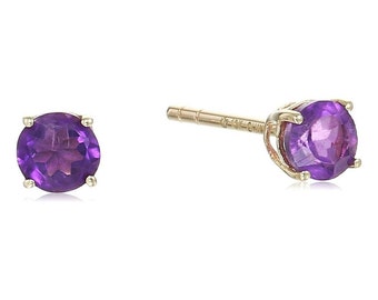 Solid Gold Studs Earring-Natural 4MM Round African Amethyst Gemstone Studs, Bridal Studs, Anniversary Gift-Gift For Her