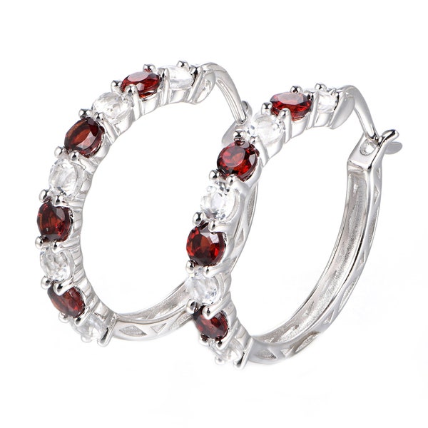 Natural Red Garnet Earrings, Garnet Hoops Earrings For Womens Sterling Silver Hoops, Birthstone Earrings,Wedding Jewelry Gift For Her
