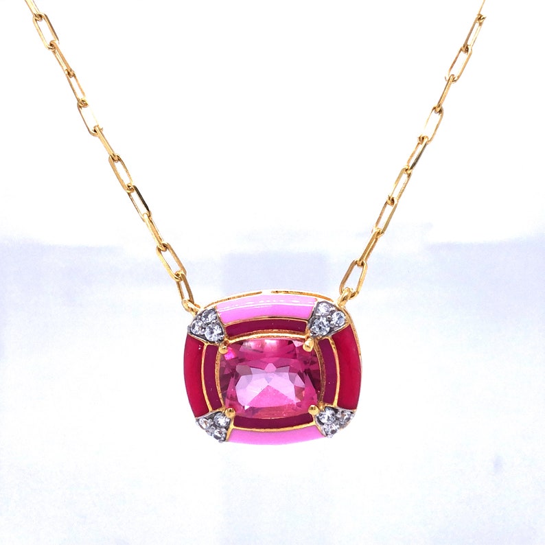 Pink Topaz With White Zircon Necklace, 925 Sterling Silver Over Gold ...