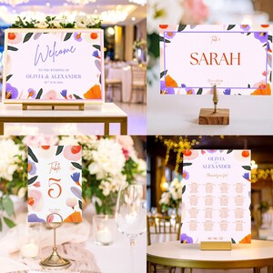 Bold Bloom bloemen bruiloft bewegwijzering 4-delige set | Canvas bruiloft sjabloon uitnodiging, RSVP en details kaart | Gedurfd kleurrijk bloemenontwerp