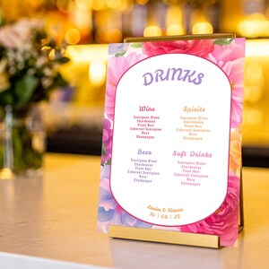 Menú de bebidas para bar de bodas con flores vibrantes / Plantilla de boda editable e imprimible en Canva / Diseño floral audaz y colorido