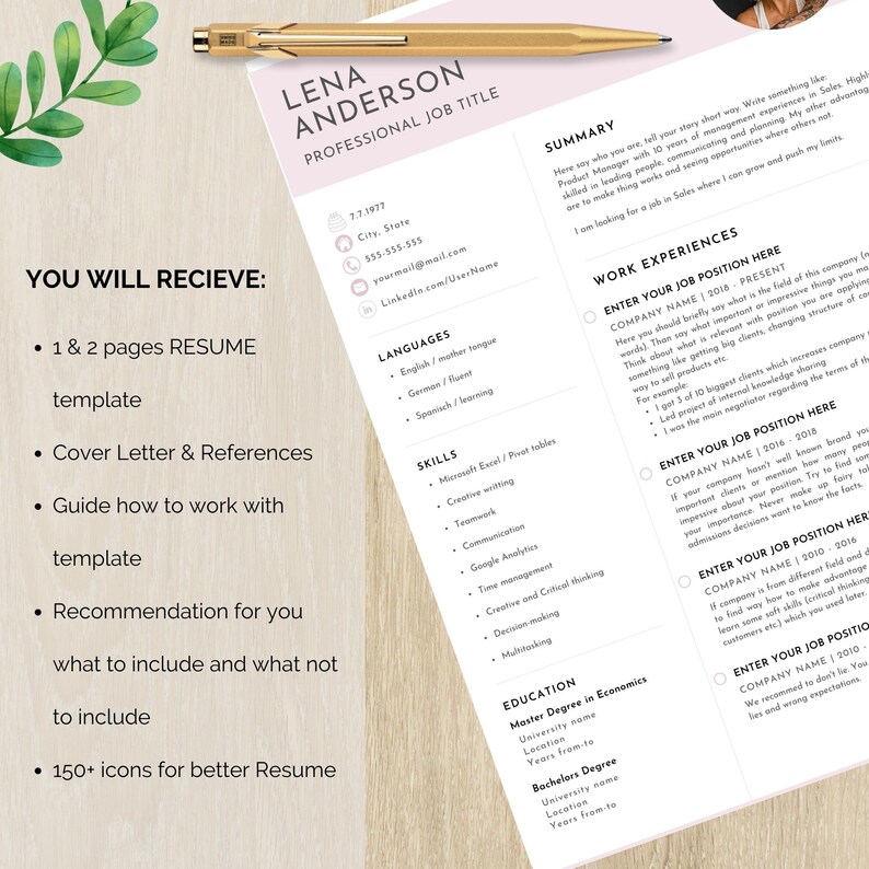 Resume Examples Female Stylish Women's Resume With Editable Design, Modern Resume Template ...