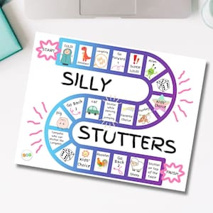 May include: A colorful game board with a purple and blue track. The game is called "Silly Stutters" and features a variety of silly characters and actions. The game board is designed for children and includes a dice and game pieces.