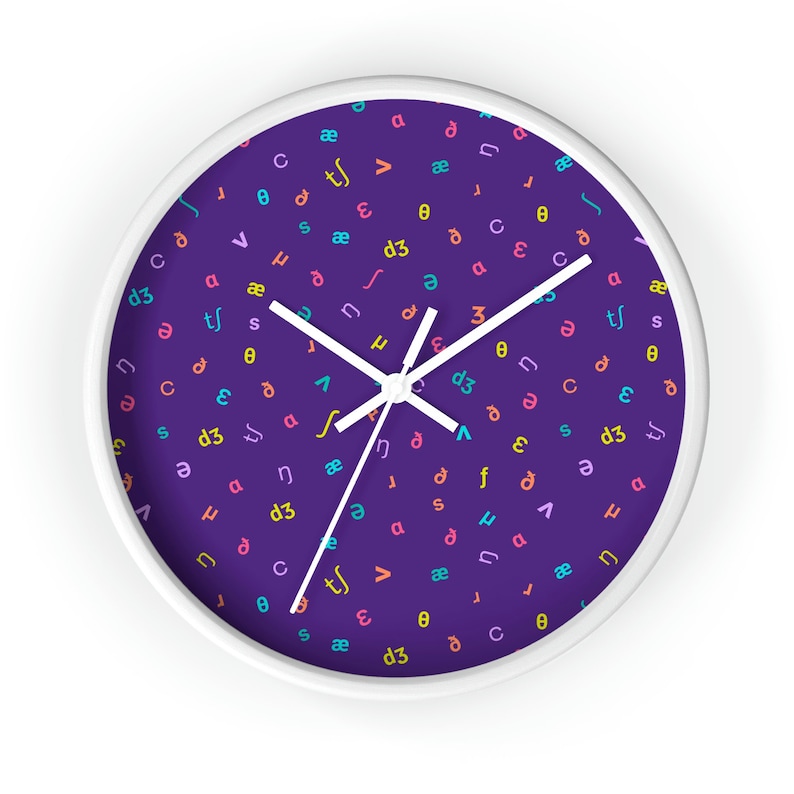 Speech Therapy Clock: SLP IPA Design (Wood Frame, Multiple Colors) White (Purple Face)