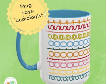 Audiologist Coffee Mug, Sideways Text Pattern (15oz Ceramic)