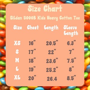 May include: Size chart for Gildan 5000B Kids Heavy Cotton Tee, showing sizes XS through XL with corresponding chest, length, and sleeve length measurements in inches.