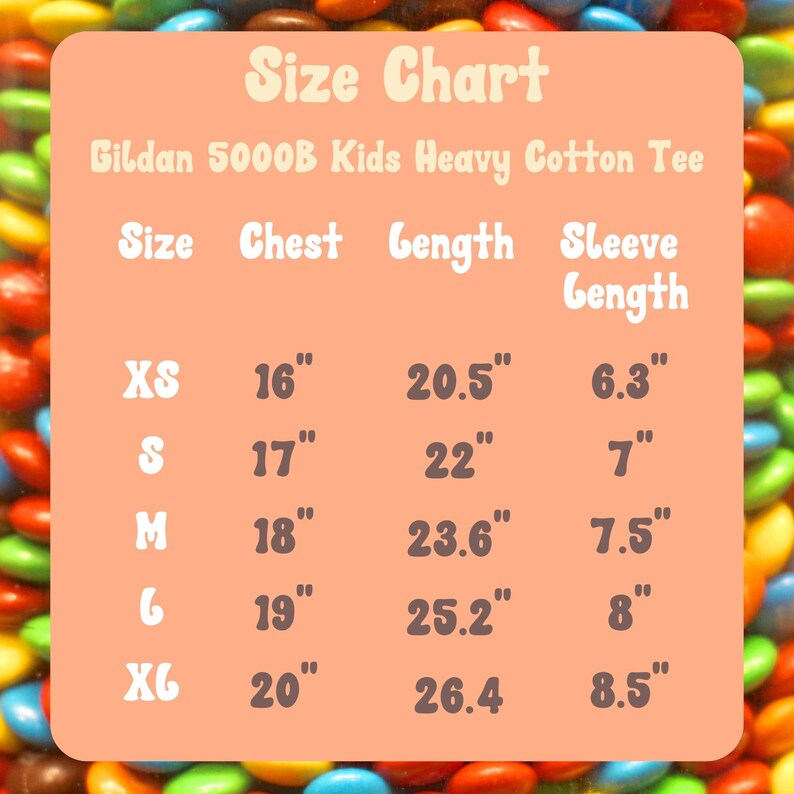 May include: Size chart for Gildan 5000B Kids Heavy Cotton Tee, showing sizes XS through XL with corresponding chest, length, and sleeve length measurements in inches.