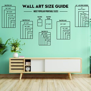 May include: A wall art size guide with a light green background. The guide shows the most popular printable sizes for wall art in different aspect ratios, including 2:3, 3:4, 5:7, 11:14, 4:5, and 1:1. The guide also includes standard ISO paper sizes, such as A1, A2, A3, A4, and A5.