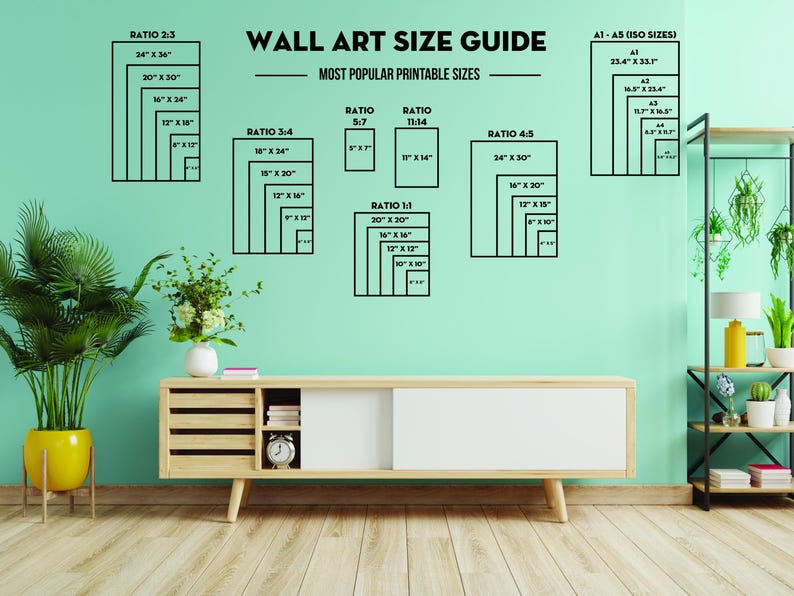 May include: A wall art size guide with a light green background. The guide shows the most popular printable sizes for wall art in different aspect ratios, including 2:3, 3:4, 5:7, 11:14, 4:5, and 1:1. The guide also includes standard ISO paper sizes, such as A1, A2, A3, A4, and A5.