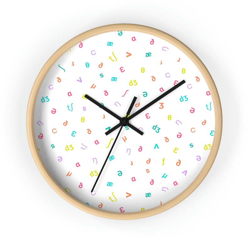 Speech Therapy Clock: SLP IPA Design (Wood Frame, Multiple Colors) Natural (White face)