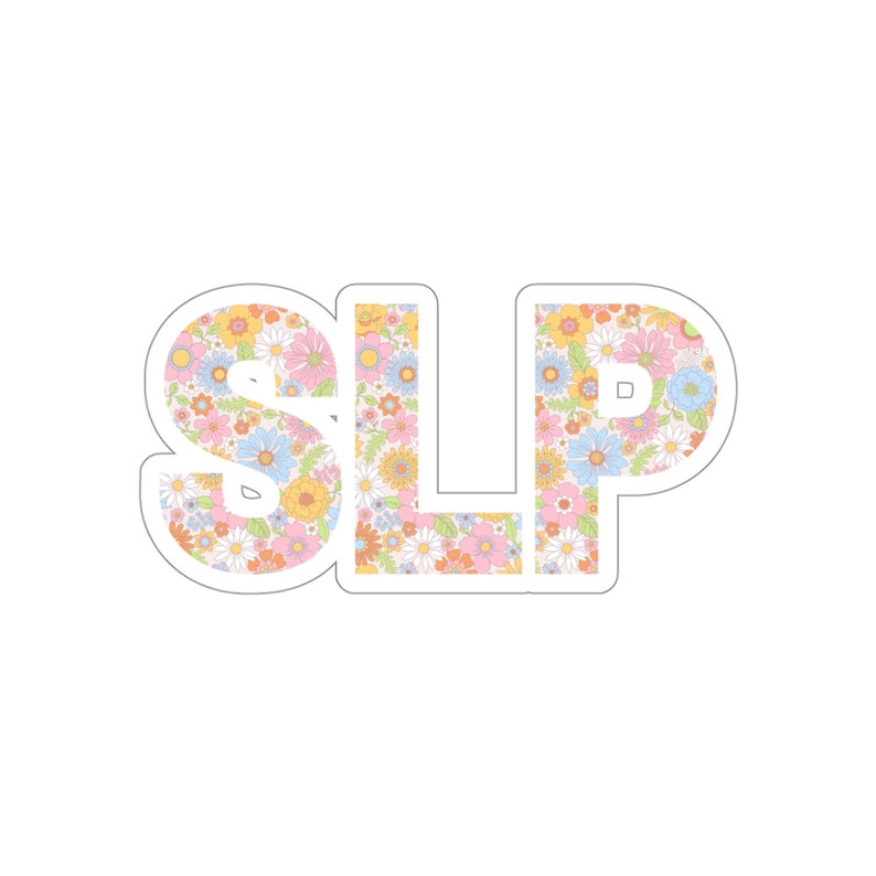 Pu&ograve; includere: SLP scritto in lettere bianche con un motivo floreale rosa, blu, giallo e arancione.