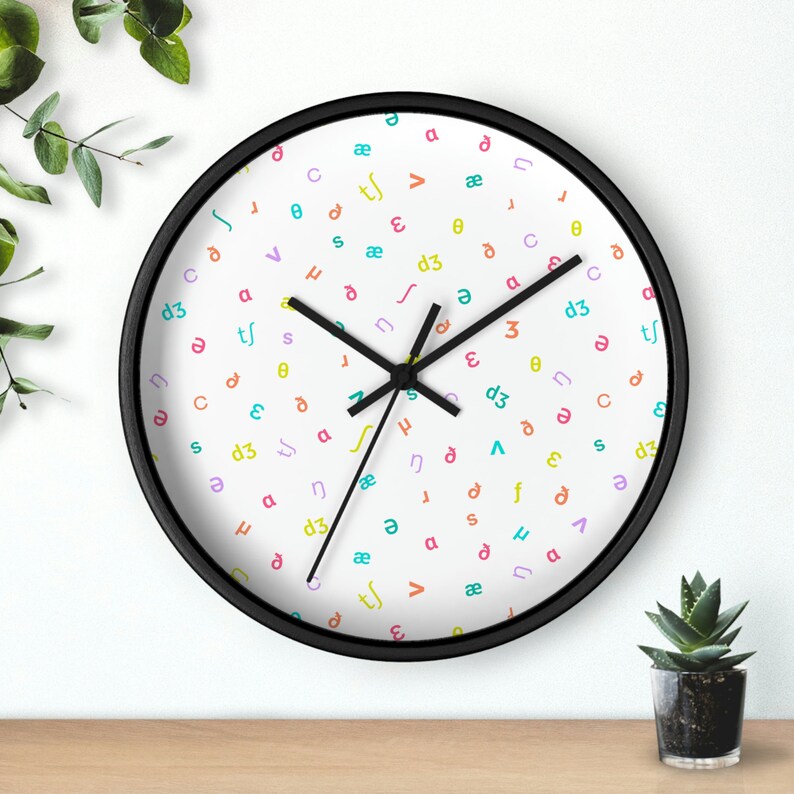 Speech Therapy Clock: SLP IPA Design (Wood Frame, Multiple Colors) Black (White face)
