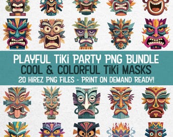 Lot de 20 masques Tiki cool PNG - Clipart rétro mignon - fond transparent - Tiki Party Luau Graphics - Téléchargement immédiat