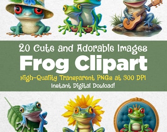 20 Cute Frog Clipart PNG Files - Adorable Froggy Friends for Digital Art, Crafts and Product Merch