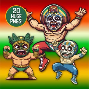 Luchador Clipart Bundle – 20 Mexican Wrestling PNG Images | Funny Masked Wrestler Digital Download for T-Shirts, Stickers, Sublimation