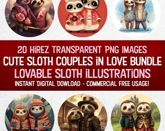 Cute Assorted Sloth Couples Clipart Collection - 20 PNGs for Scrapbooking & Merch - Perfect for Valentine's Day!
