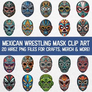 Lot de 20 masques de lutte mexicaine funky - 20 fichiers PNG Luchador de haute qualité - téléchargement numérique de masques Lucha Libre pour produits dérivés et design