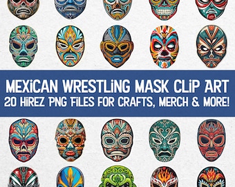 Funky Mexican Wrestling Masks Bundle - 20 High-Quality Luchador PNG Files - Vibrant Lucha Libre Mask Digital Download for Merch & Design