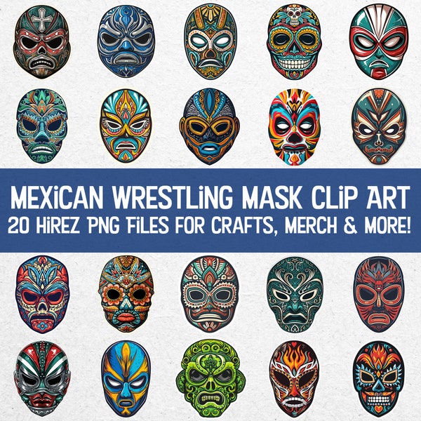 Funky Mexican Wrestling Masks Bundle - 20 High-Quality Luchador PNG Files - Vibrant Lucha Libre Mask Digital Download for Merch & Design