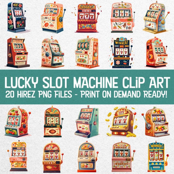 20 Lucky Slot Machine Clip Art Image Bundle - High-Quality, Royalty-Free Las Vegas Casino Graphics for Merchandise & Digital Projects