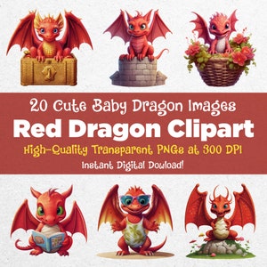 20 Adorable Red Baby Dragon Clipart PNG Bundle for Your Creative Projects and Product Merch