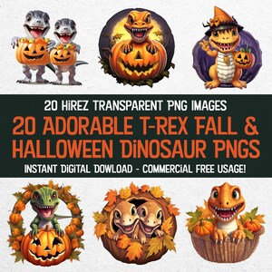 20 adorables PNG de Halloween de dinosaurio T-Rex - Perfecto para manualidades de bricolaje, álbumes de recortes, camisetas, tarjetas y más - Descarga instantánea de alta calidad