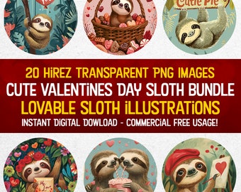 Valentine's Day Sloth Clipart - 20 Cute & Lovable Digital Images for Crafting, Love-Themed Designs, Romantic Art