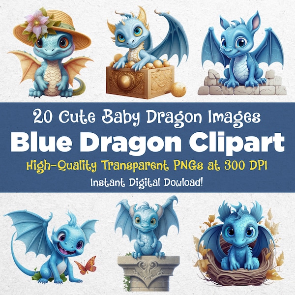 Cute Blue Baby Dragon Clipart PNG Bundle - Set of 20 transparent PNG's