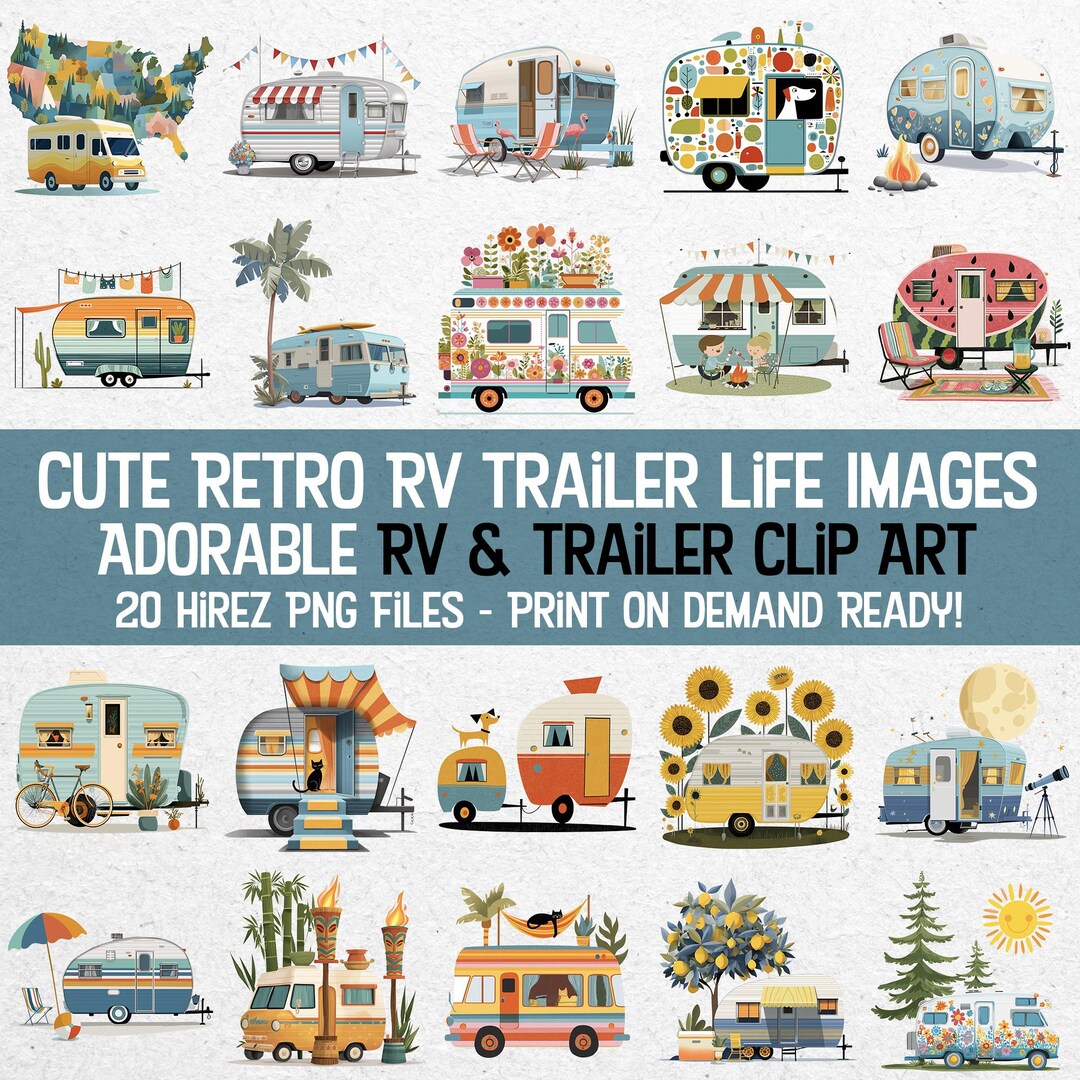 20 Cute RV Trailer Life PNG Bundle | Retro Camper Clipart for Stickers ...