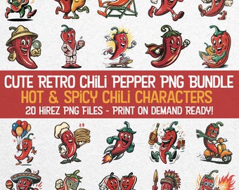 20 Spicy Chili Pepper PNGs – Retro Cartoon Mascots with Mexican Fiesta Vibes – Transparent Clipart for Crafts, Stickers & Merch!