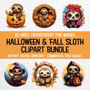 Adorable Halloween and Fall Sloth PNG Images Bundle - 20 Cute Sloth Graphics Pack