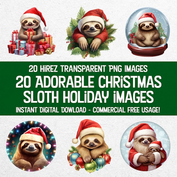 Cute Sloth Christmas Holiday PNGs: 20 Bundle Set of Adorable Festive Sloth Illustrations for Digital Crafts & Projects