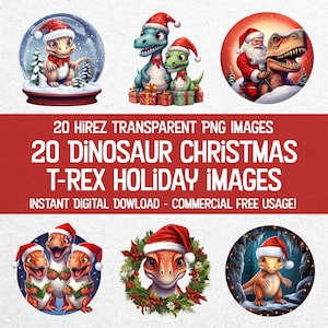 Lindo paquete PNG navideño de dinosaurio T-Rex - 20 ilustraciones de dinosaurios con temática navideña - Perfecto para manualidades, productos, regalos y decoración